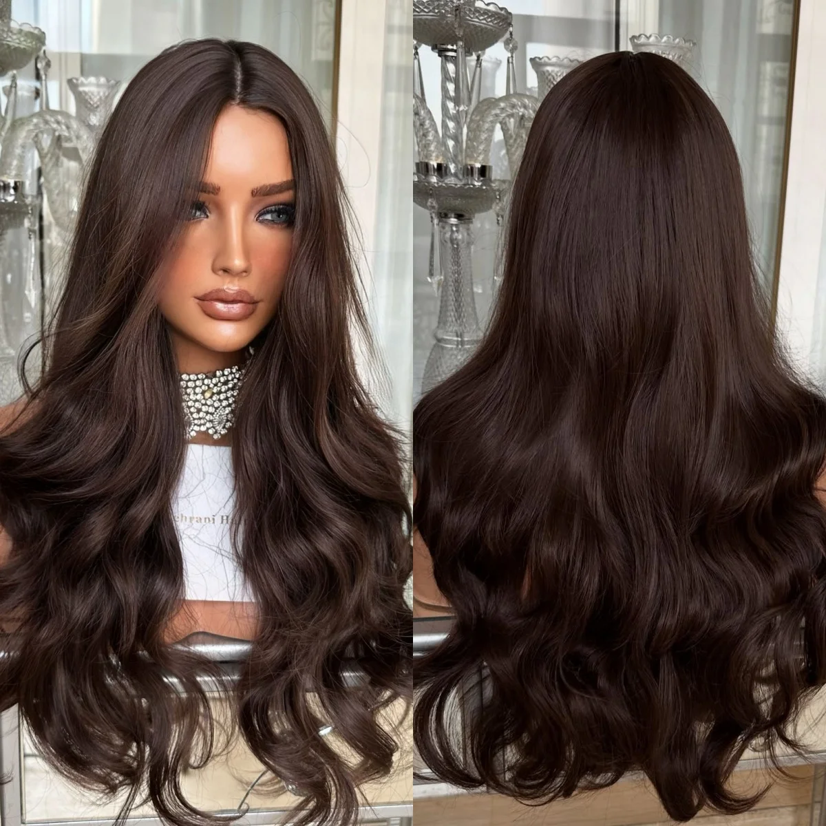 24 inches Dark Chocolate Brown Synthetic Lace Top Wigs Beginner Friendly Balayage Heat Resistant Fiber Wigs On Clearance Sale