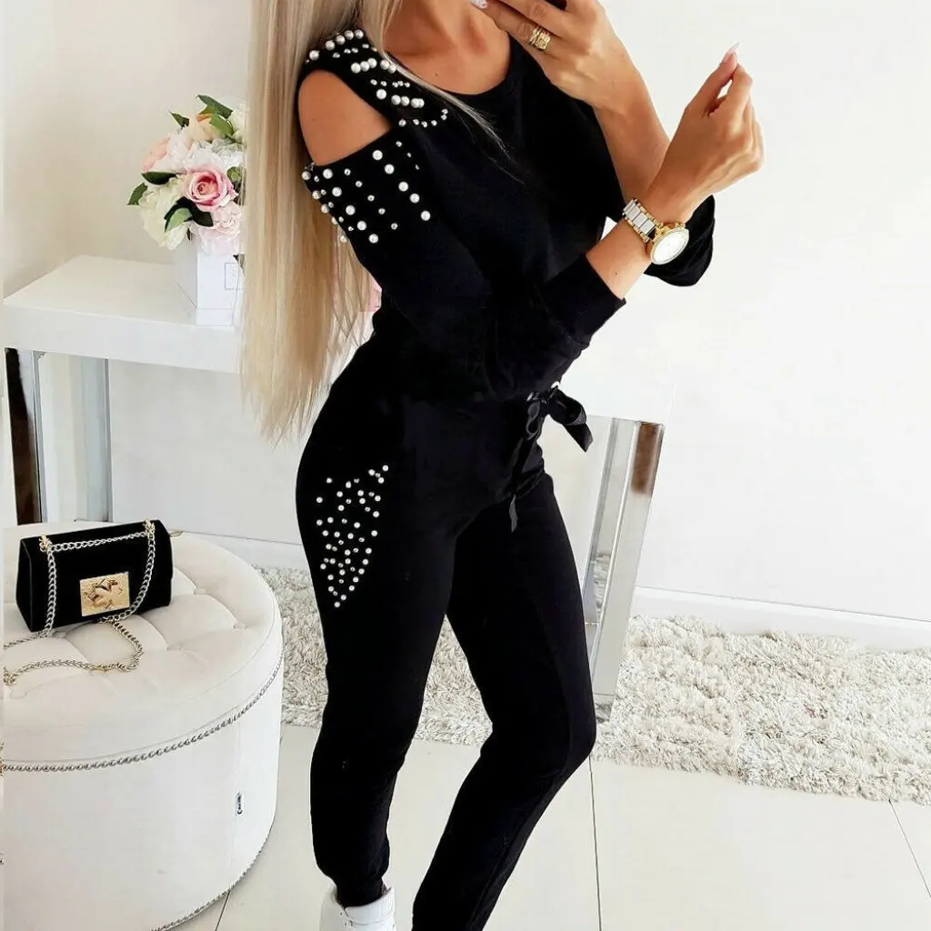 

European And American Style Autumn Suit Sexy Beaded Solid Color Crewneck Long Sleeve Top And Bottom Set for Women