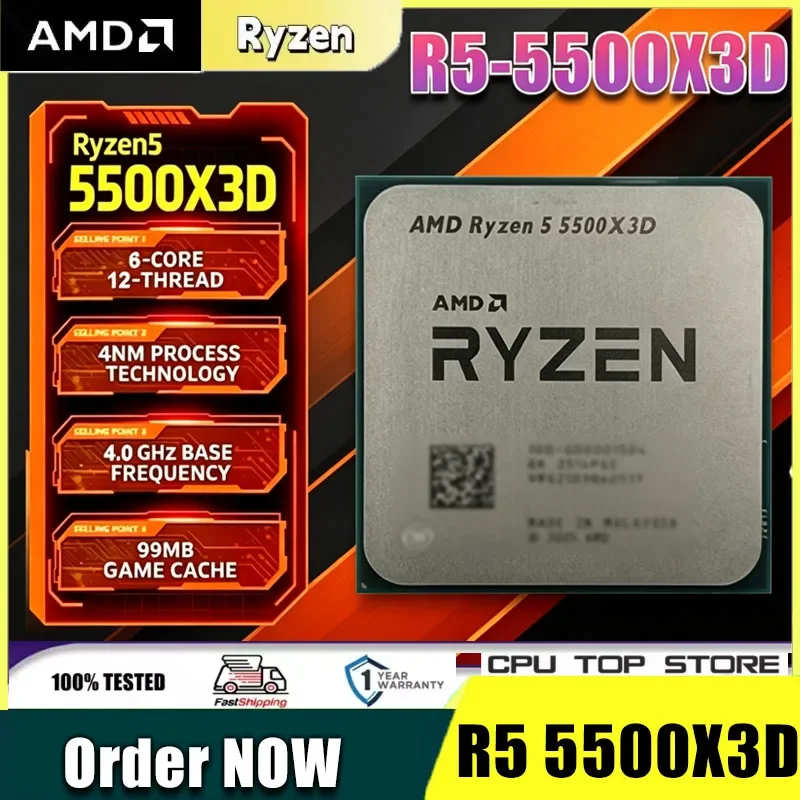 

AMD Ryzen 5 5500X3D 6C/12T Processor: 96MB L3 3D V-Cache Tech, 3.0-4.0GHz, 105W TDP, AM4 Socket - No Fan Esports Build