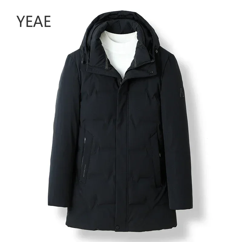 YEAE Mid-length Down Jacket Men's 2024 New Winter Thickened Solid Color Hooded Men's Jacket Men's Coat Cold Protection