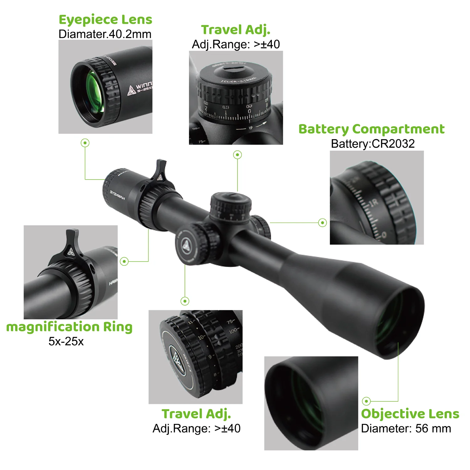 HAWKEYE OPTICS WINNER 5-25X56 FFP RifleScopes IR Scope First Focal Plane .338 Shockproof Red Illumination 34mm tube