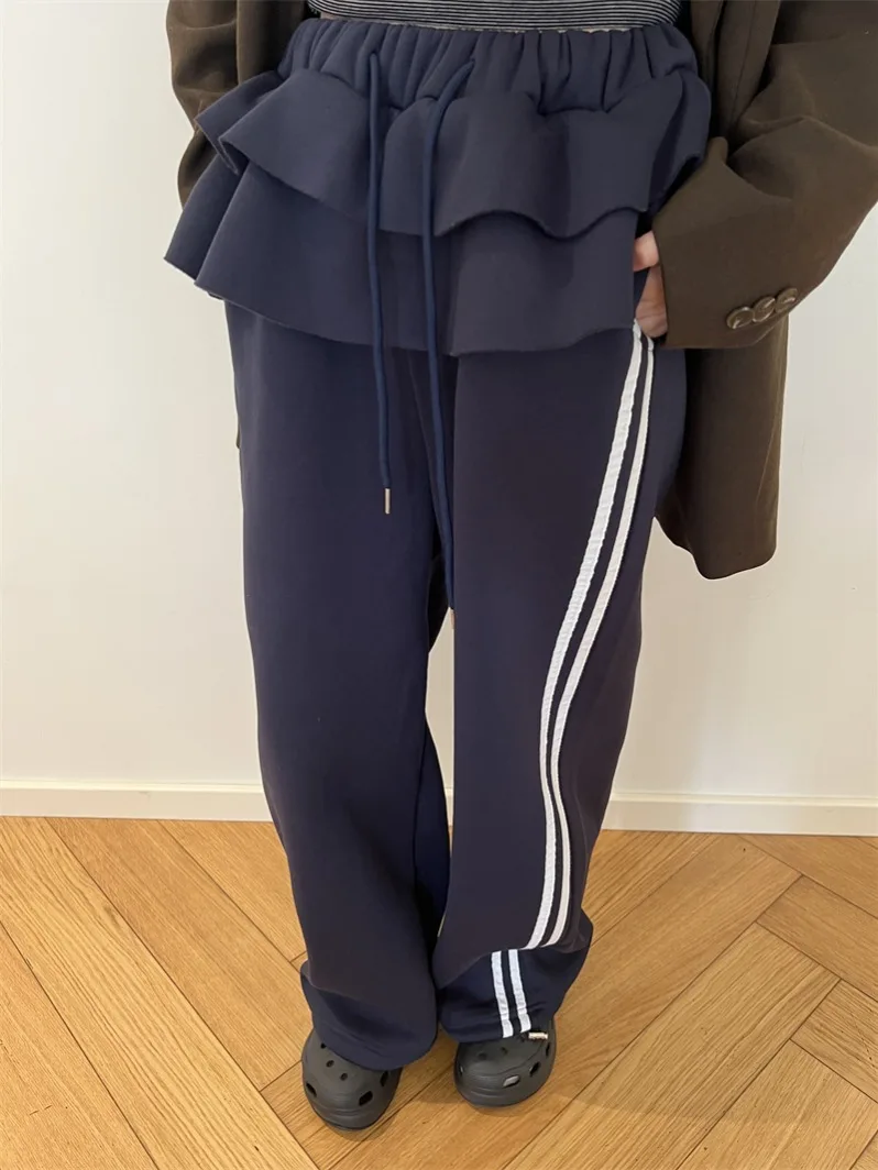 Pantaloni casual a gamba larga foderati in tessuto a righe patchwork retrò Pantaloni lunghi invernali da donna nuovi con taglio dritto