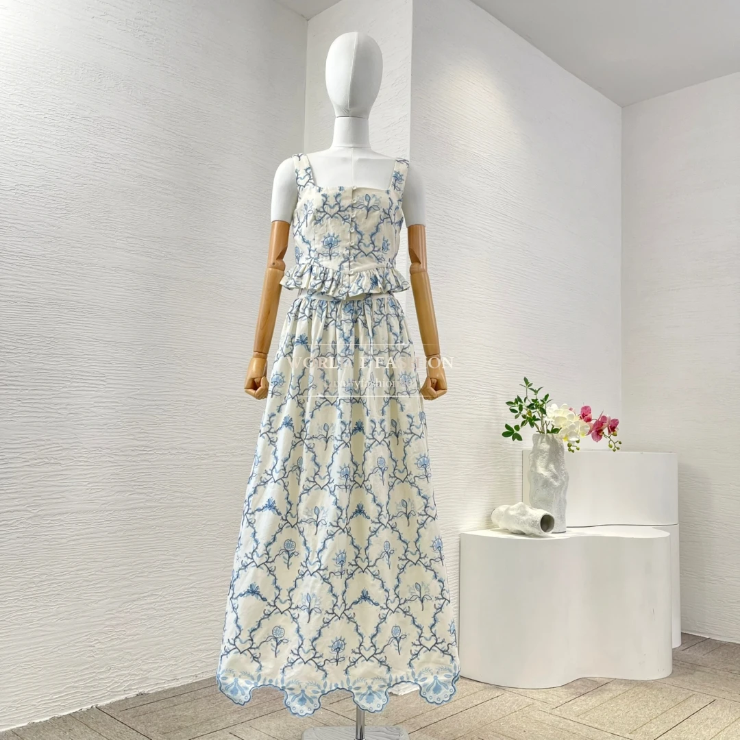 

2025 New White Sleeveless Floral Print Ruffles Frilled Vest Tops And Skirt Set