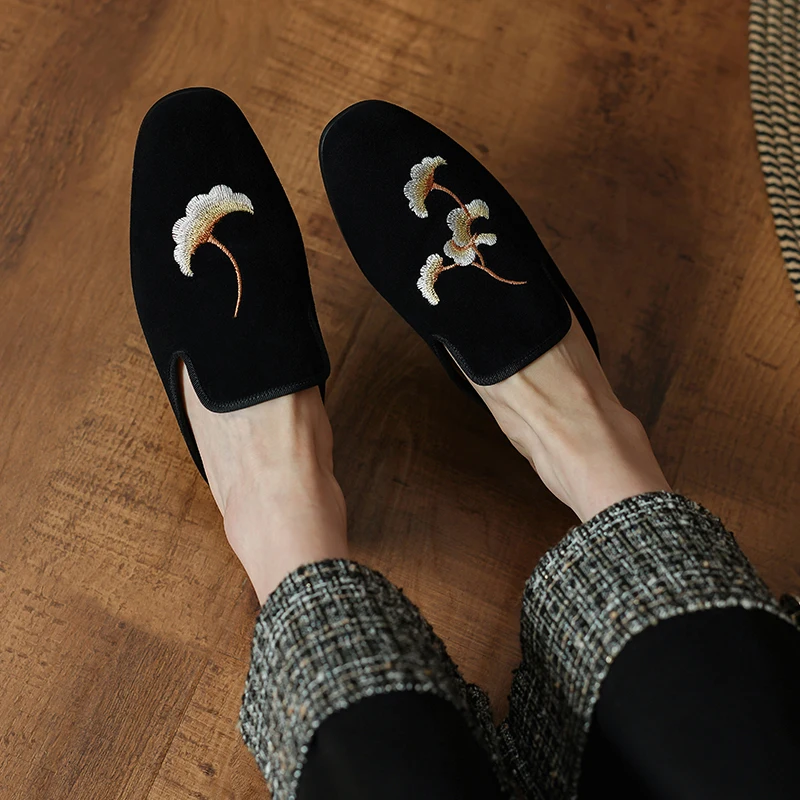 Women Flats Gold Velvet Embroider Mules Round Toe Chinese Style Flats For Spring Slip on Daily Slippers Ladies Cozy Casual Shoes