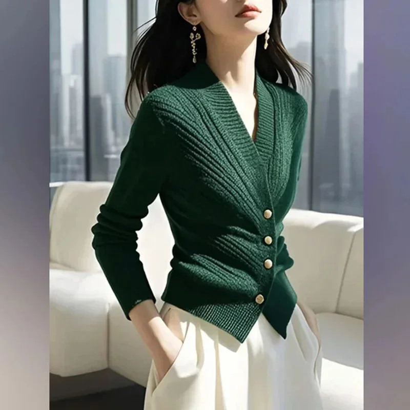 

Autumn 2026 New Knitted Cardigan Women V-neck Sweater Ladies Casual Solid Temperament Waist Knitt Female Outwear