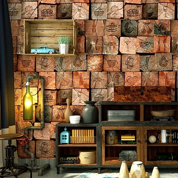 Nostalgic wallpaper antique imitation wood grain wood pile barber shop personalized restaurant 3d background wall wallpaper
