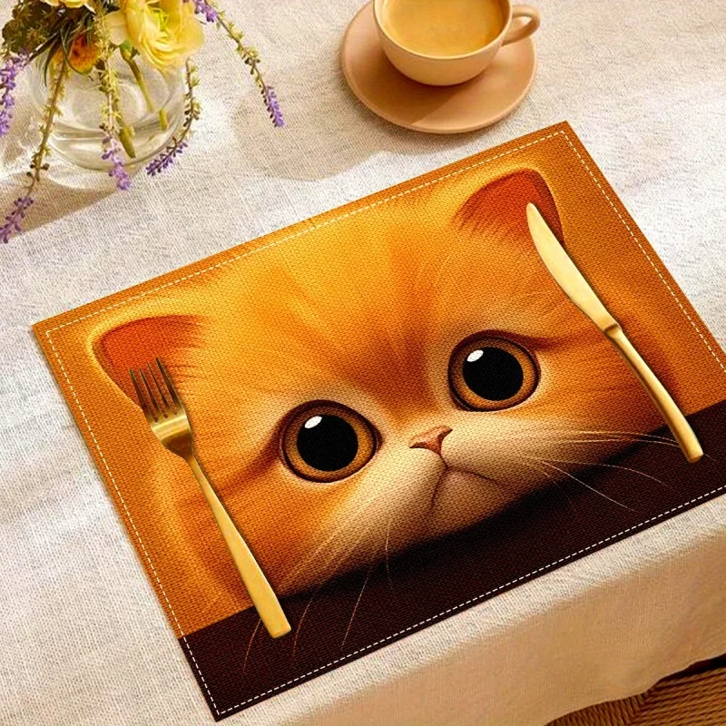 Cute Orange Cat Linen Placemats, Big‑Eye Kitten Printed Table Mats, Household Dining Table Home Decor