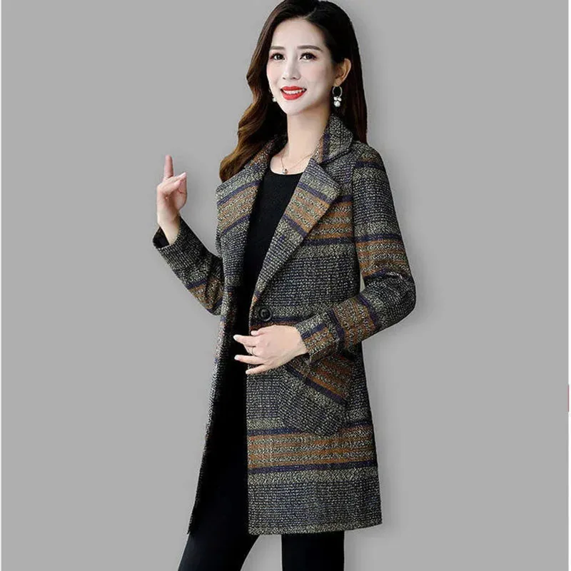 

2022New Autumn Women's Plaid Woolen Coat Mid-length Casual Female Jackets Double breasted Outerwear Ladies Jacket Overcoats Tops