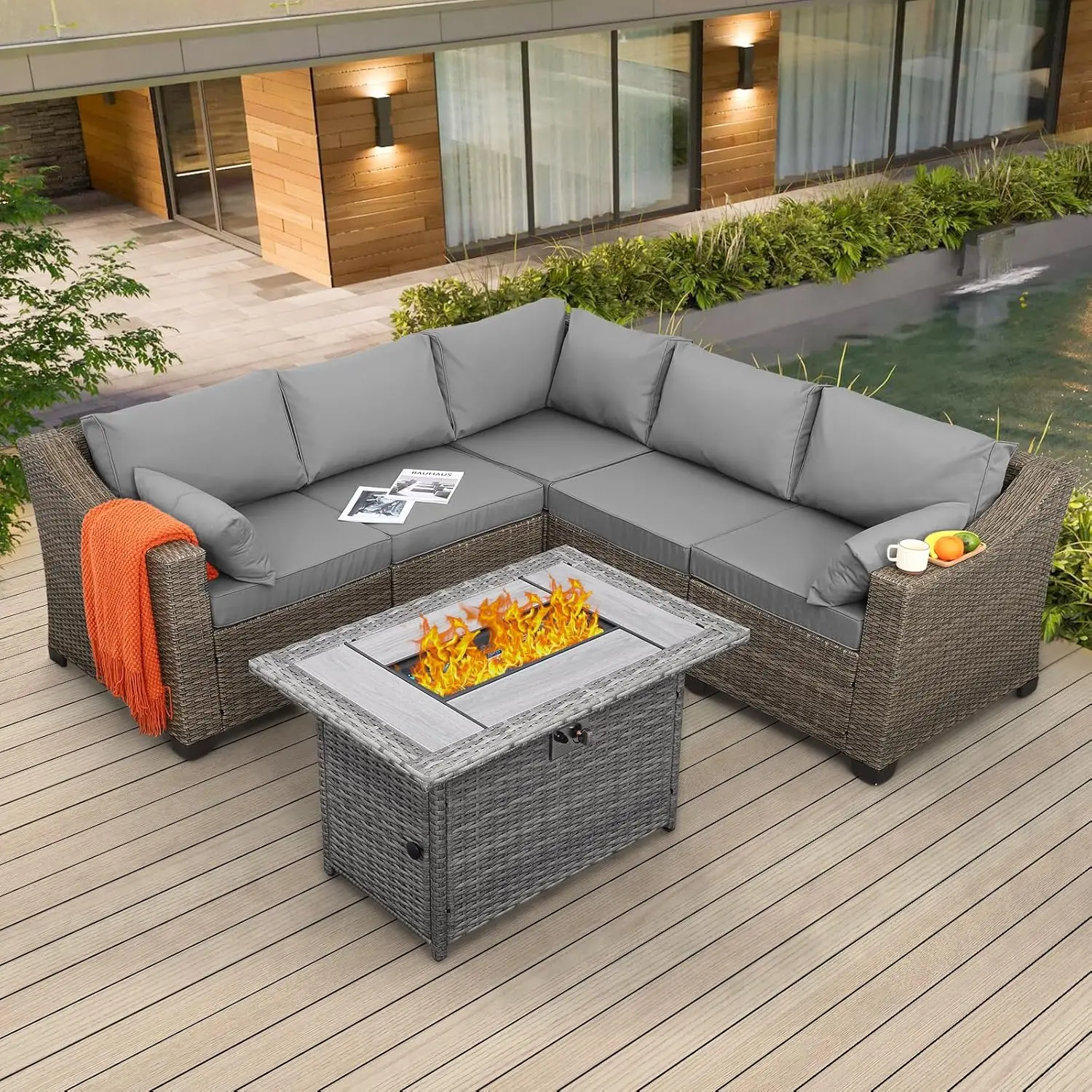 

Rattaner Outdoor Sectional Large-Size Outdoor Furniture 6 Pieces Outdoor Patio Furniture 45" 60000 BTU Propane Table All