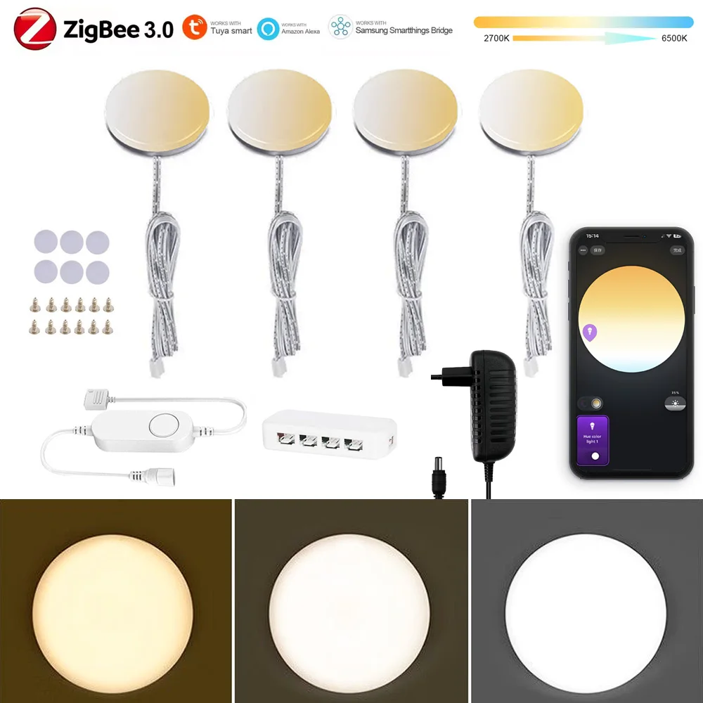 2/4/6/8/9PCS Zigbee 3.0 CCT Led Under Cabinet Lamp DC12V Round Dimmable Light Room Decor 2700K-6500K for Tuya Alexa Smartthings