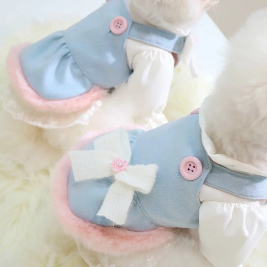 Instagram New Dog Dress Winter Blue Wool Pink Rabbit Fur Hem Bear Ears Halter Dress Dog Skirt Dog Hat Outfit Give Hair Clips