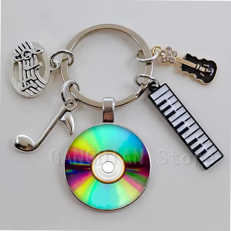 Handmade Classic Music Record CD Vintage Record Image DIY Glass Dome Jewelry Charm Keychain Create Birthday Gift for Friends