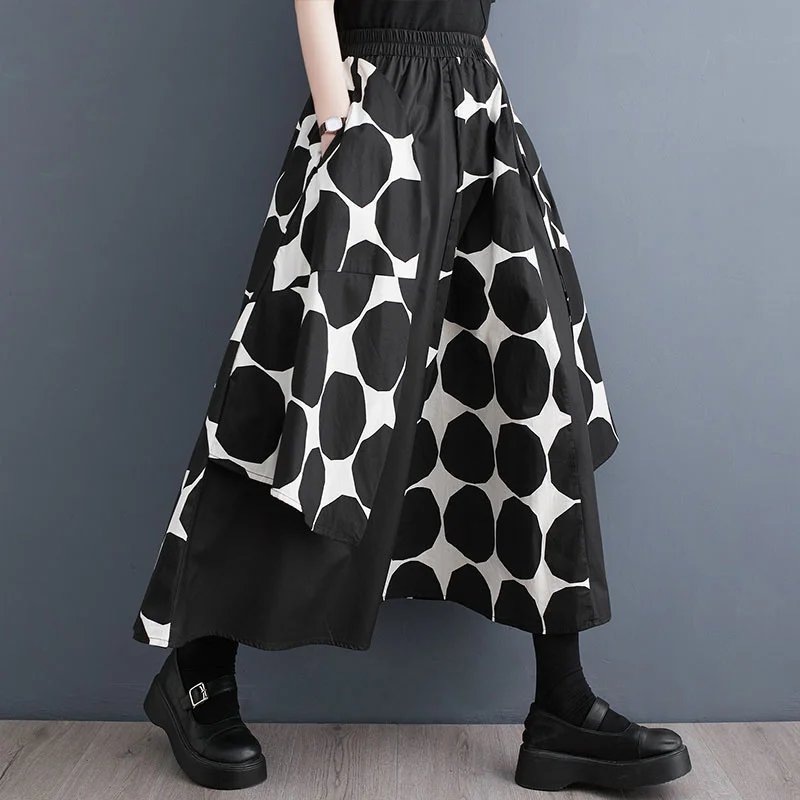 #3005 Black Polka Dot Print A-line Skirts Women Asymmetrical Vintage High Waisted Skirts Female Gothic Loose Midi Skirts Pockets