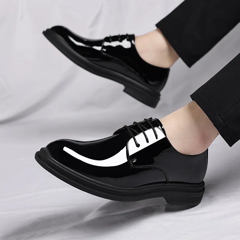 Inside Height Increasing 6/8cm Patent Leather Men Dress Shoes Business Lace Up Pointed Toe Groom Wedding Shoes Men's Size 37-44