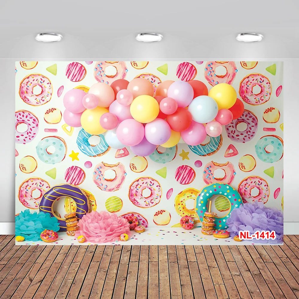 Baby One Birthday Art Background Photography Balloons Flowers Sweet Dount Ice Cream Kids Backdrop for Cake Smash Studio Shoot