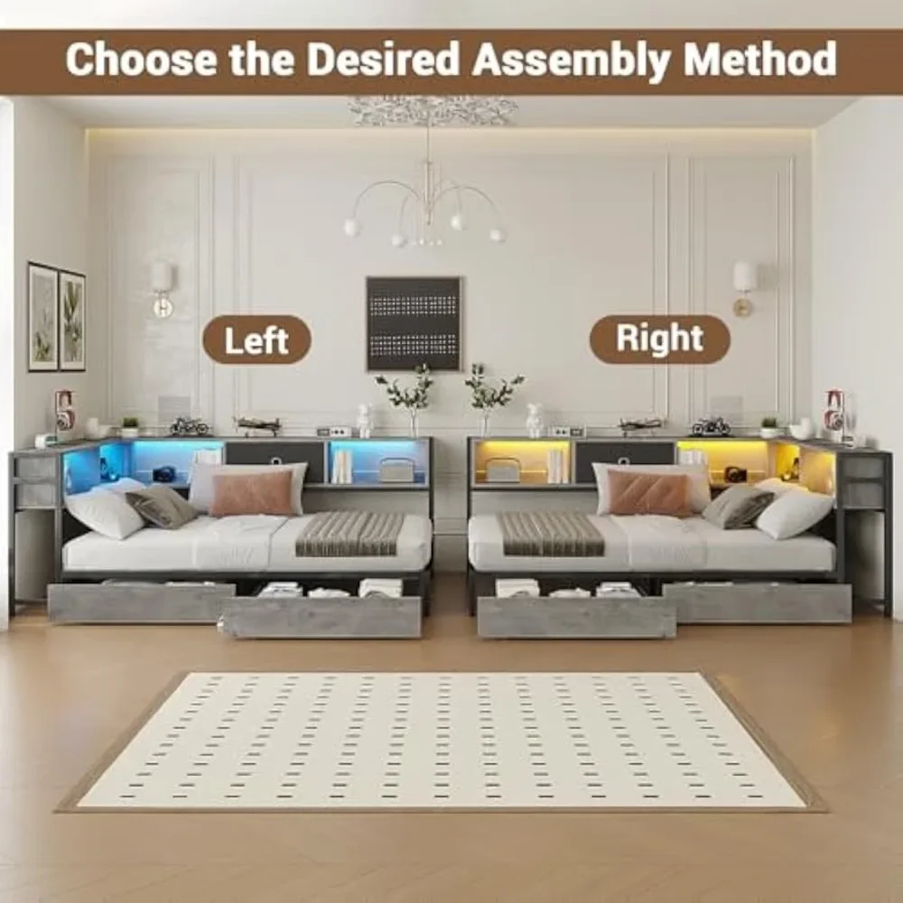 Corner Bed Frame Twin Size with Bookcase and 2 Underbed Storage Drawers, Modern Twin Bed with LED Light and Charging Station image 5