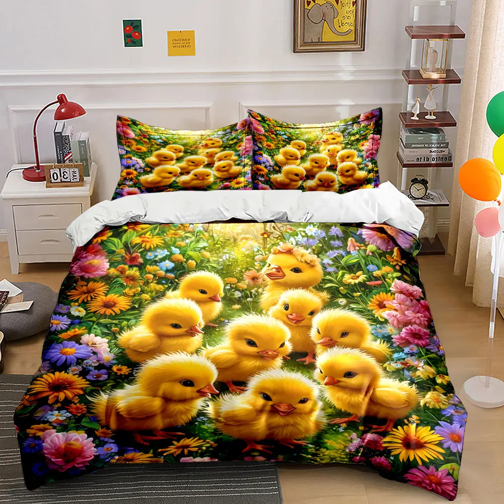 Yellow ducklings in blooming flowers Print Bedding Set 1 Duvet Cover 2 Pillowcases for Adult and Children Luxury Gift Full Size