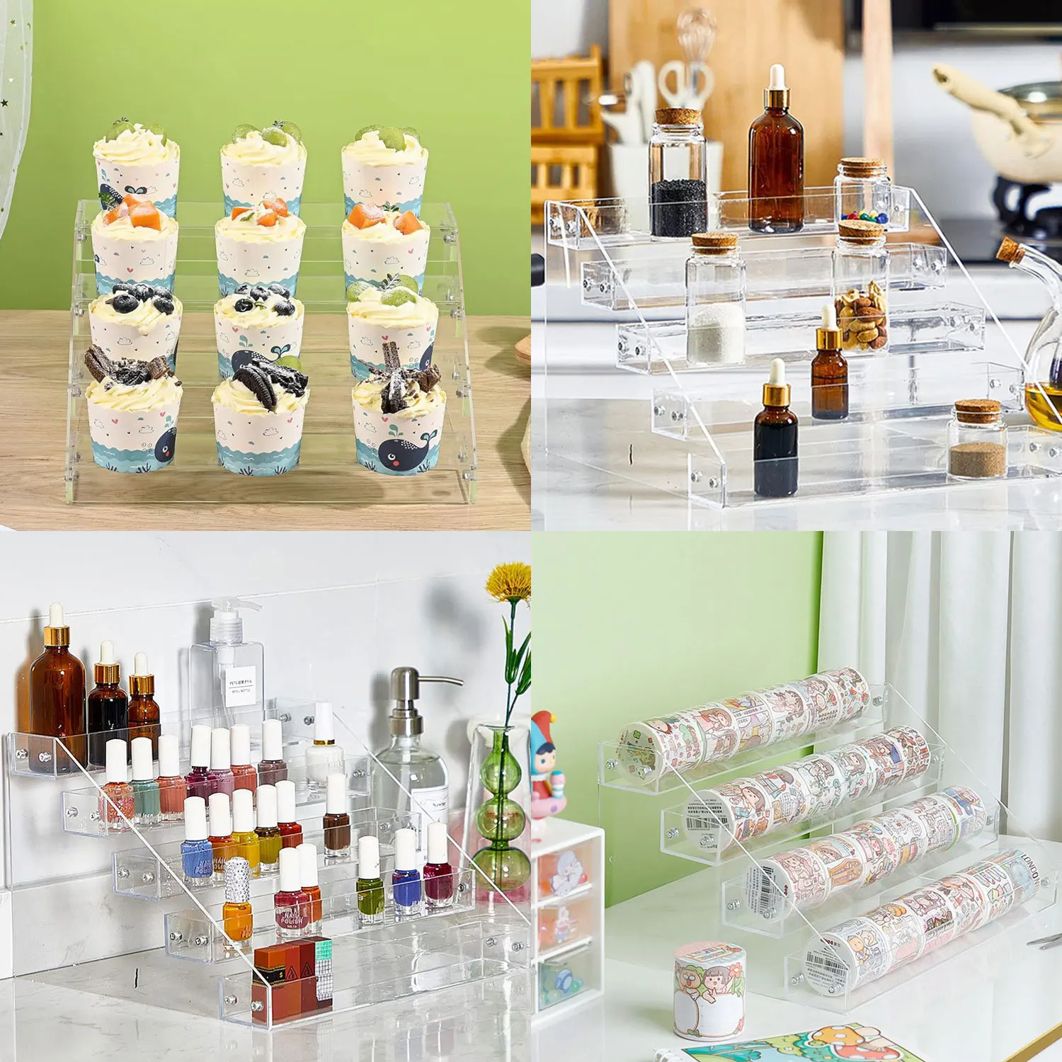 

12" Acrylic Riser Display Stands - 4 Tier Clear Acrylic Display Shelf, Double Sided Usable, Makeup Organizer Perfume Organizer