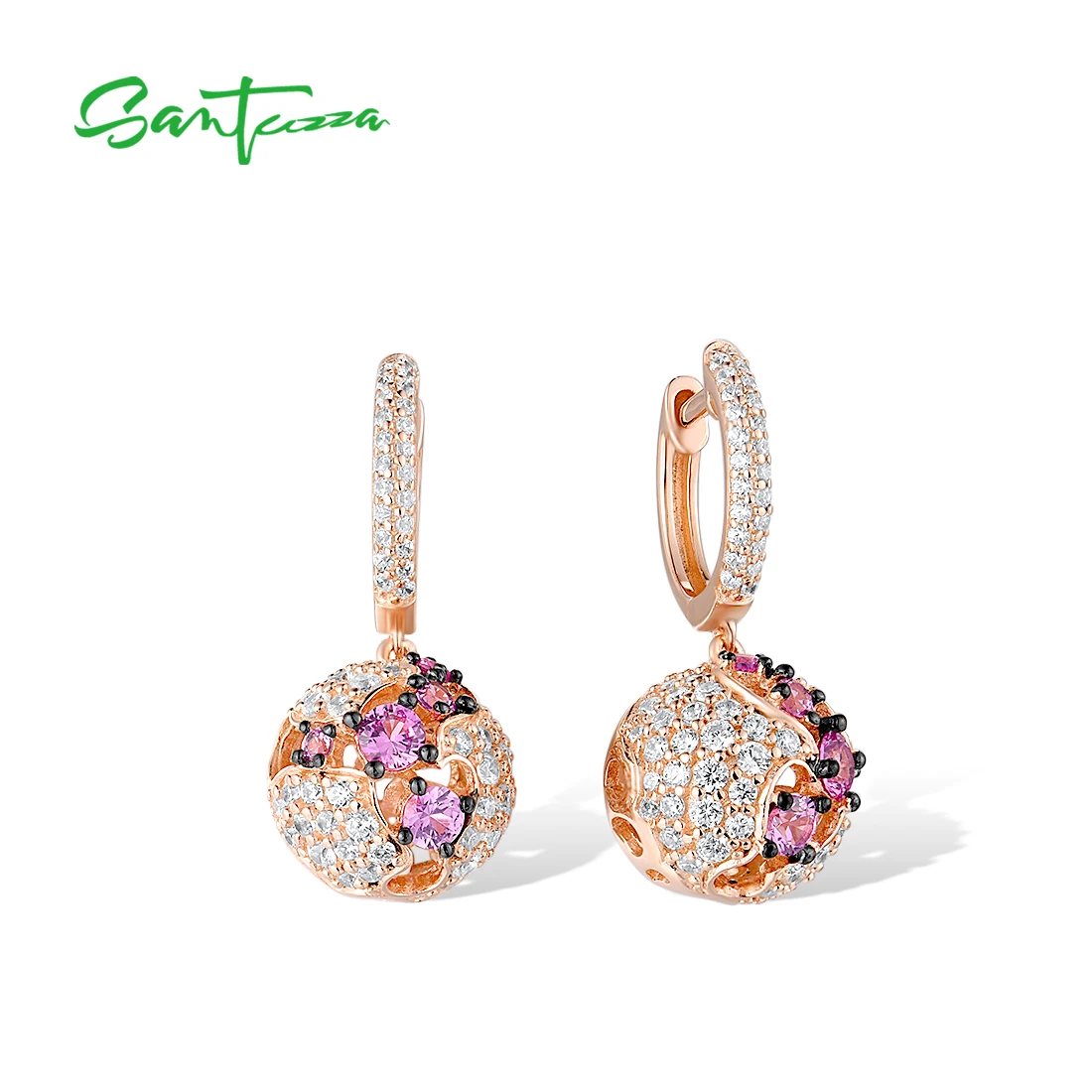 

SANTUZZA Pure 925 Sterling Silver Earrings For Women Shiny Created Pink Sapphire White CZ Ball Dangling Cute Gifts Fine Jewelry