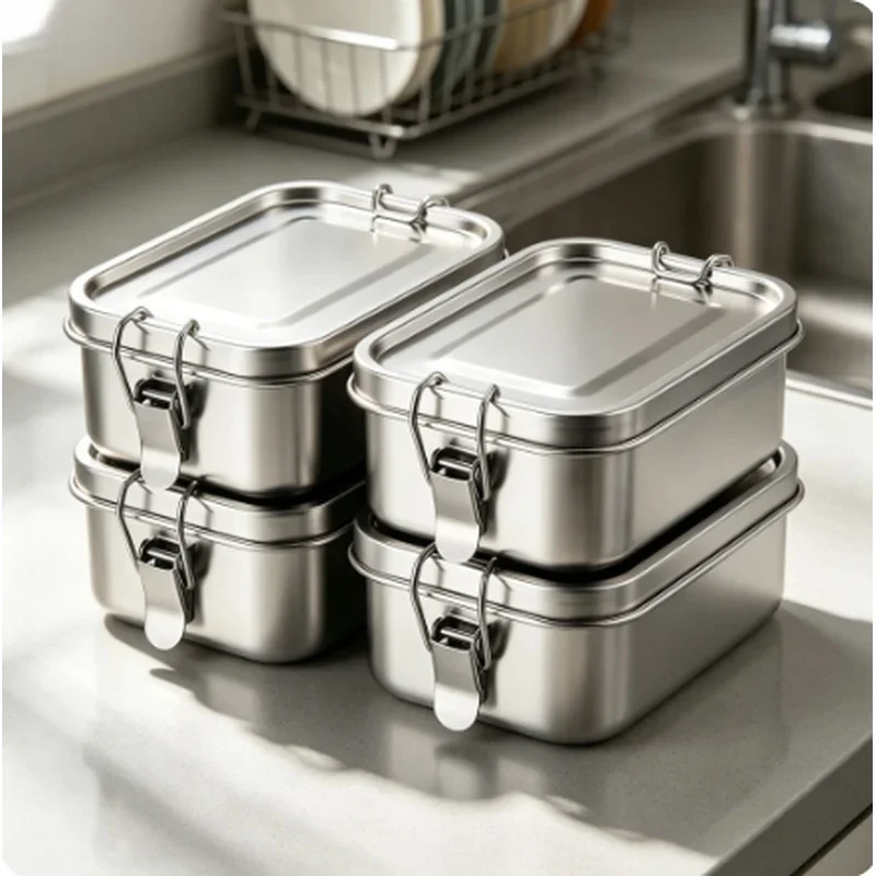 Stainless Steel Bento Lunch Box Lockable Clips Metal Food Storage Container Snack Box for Work Daily Use
