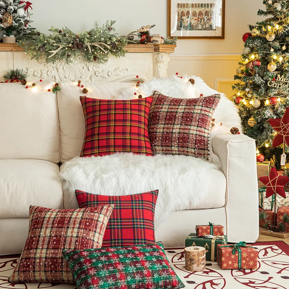 Home Christmas Decor Plaid Cushion Covers Red Checkered Polyester Cotton Xmas Ornament Snowflake Throw Pillowcase Decorative