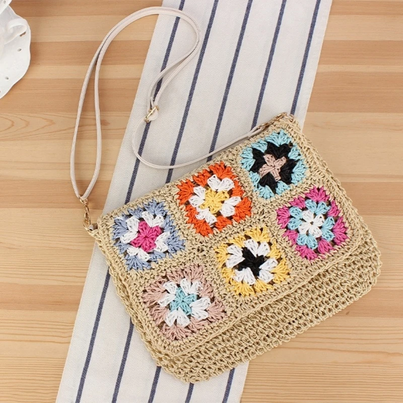 Schoudertas geweven papier touw Etnische vintage kleurrijke bloem gehaakte crossbody tas met ritssluiting voor