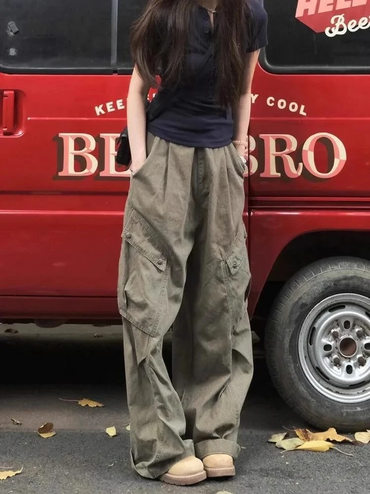 Pantaloni cargo in denim con tasca grande retrò americana donna primavera autunno pantaloni casual larghi a vita alta dritti streetwear