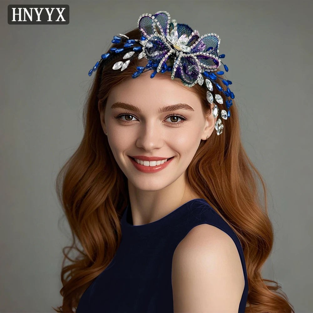 HNYYX Vintage Blue Crystal Hair Accessories Flower Mesh Headband Baroque Fashion Headpieces for Women Bridal Jewelry Gift A220