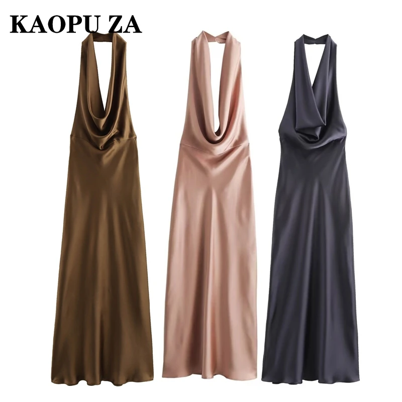 KAOPU ZA 2024 Sommer Frau Casual Einfarbig Ärmellose Satin Kleider Top Weibliche Mode Halter Kragen V-kragen Kleid Maxi Rock