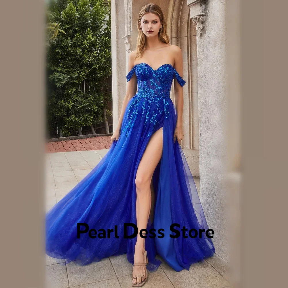 Royal blue evening dress with embroidered lace A-shaped off shoulder side slit ball dress