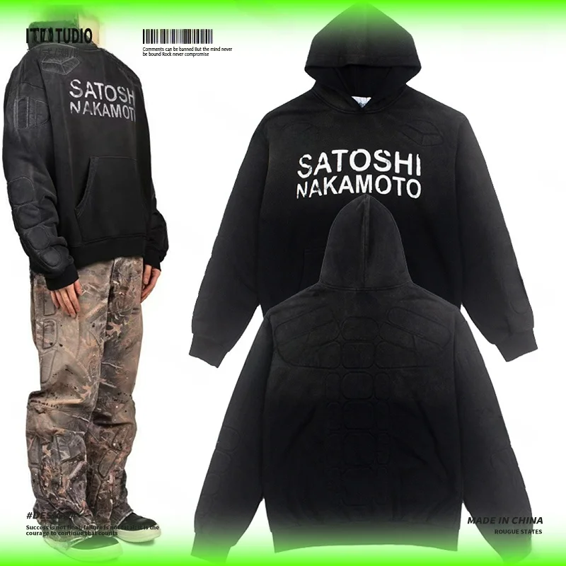 Satoshi Men's Jacket Embroidered Logo Street Style Hoodie Vintage Turtle Back Print Casual Loose Fit Long Sleeve Sweatshirt