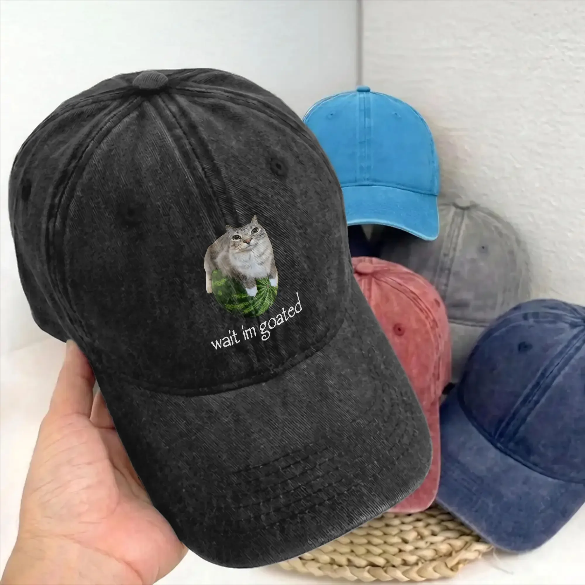 Wait I'm Goated Watermelon Cat Silly Men Women Baseball Caps Meme Funny Distressed Denim Washed Hats Casual Adjustable Sun Cap