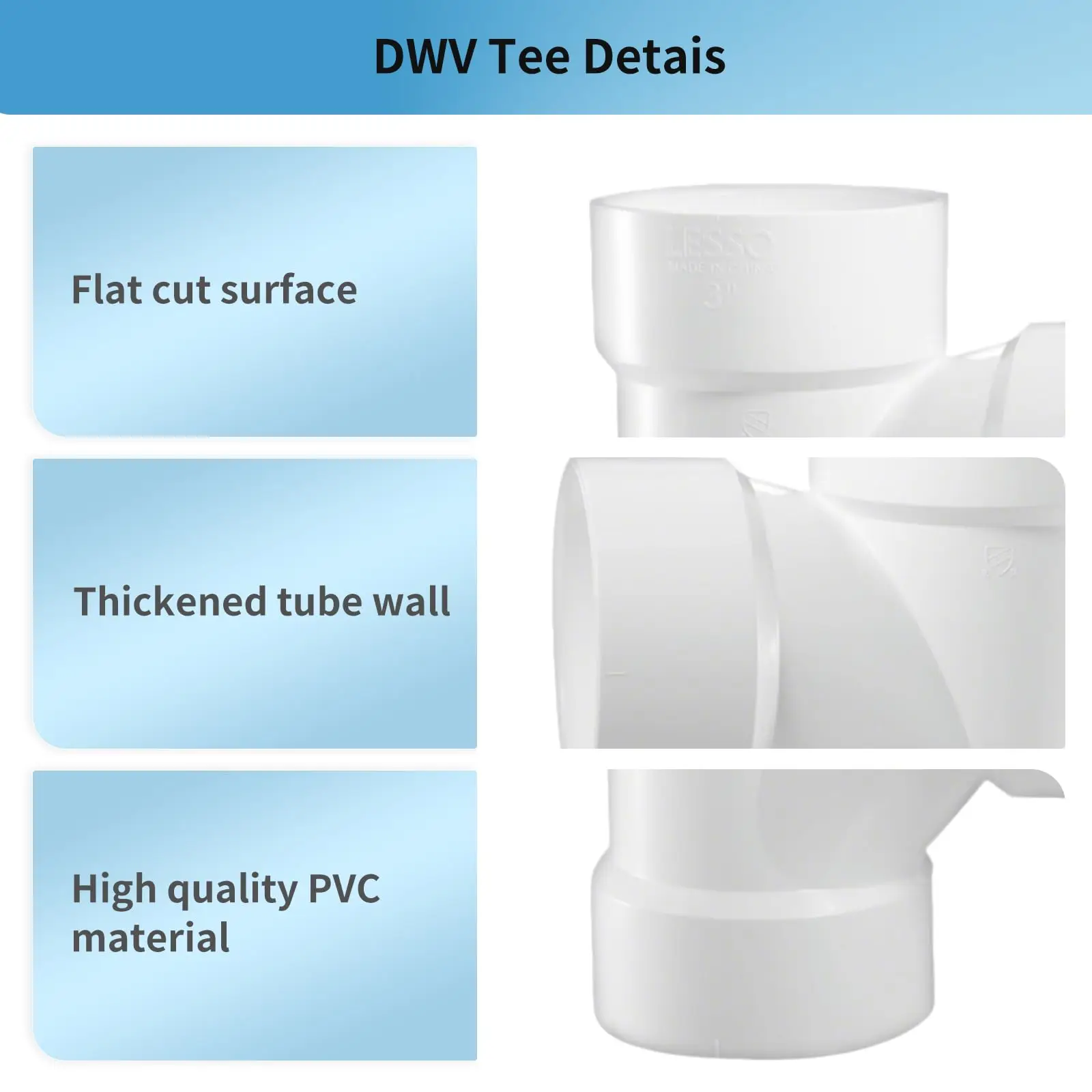 أنبوب LESSO PVC مقاس 3 بوصات DWV، تي شيرت صحي (جميع المحورات) استنزاف DWV ونفايات وفتحة (قطعة واحدة)