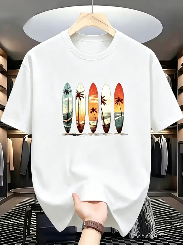 Retro Palm Tree Surfboard Graphic Short Sleeve T-shirt Sunset Beach Crew Neck Tee Aesthetic Y2k Black Casual Top for Women Men
