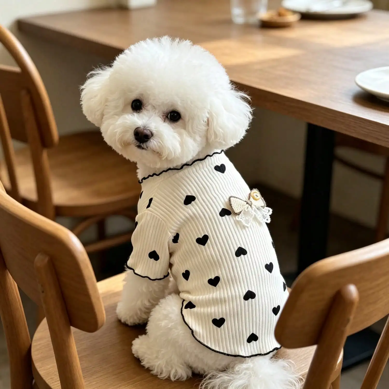 1 Stück geripptes Oberteil mit Herzmuster für kleine Hunde mit Spitzenschleife, lässiges Haustier-Shirt – Detail 8