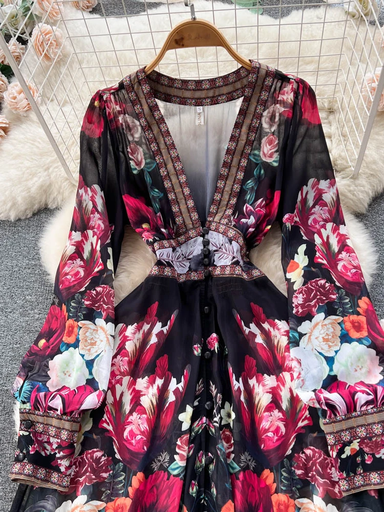 Spring Autumn V-neck Lantern Sleeves High Waist Slim Spinning Mesh Dress Ladies Elegant Party Vacation Print Robe Vestidos