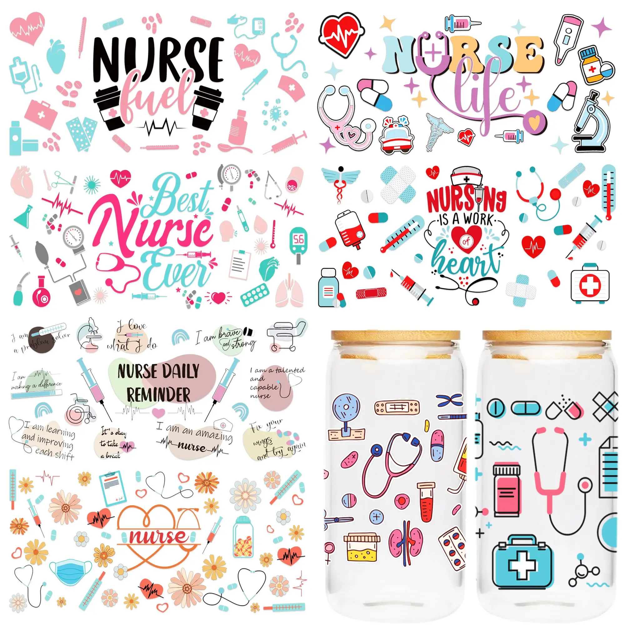 Bundle Nurse Themed UV DTF Cup Wrap Transfer Sticker for 16oz Libbey Cup DIY Logo Glass Plastic Can Selfadhesive Tumbler Sticker