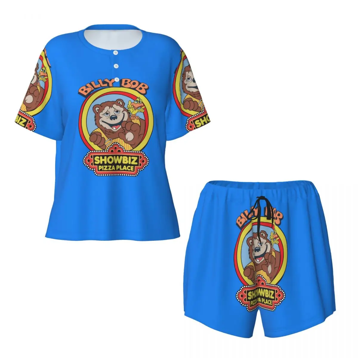 Showbiz Pizza Billy Bob Round Neck Short Sleeves Nightdress for Sleeping Sleepshirts Women Soft Pajama Set Short Pants