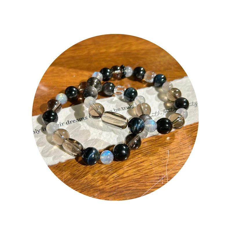 Natural Smoky Quartz Square White Crystal Gray Moonstones Strand Bracelets Lucky Wealth Crystal Beaded Bangle Jewelry for Women view 6