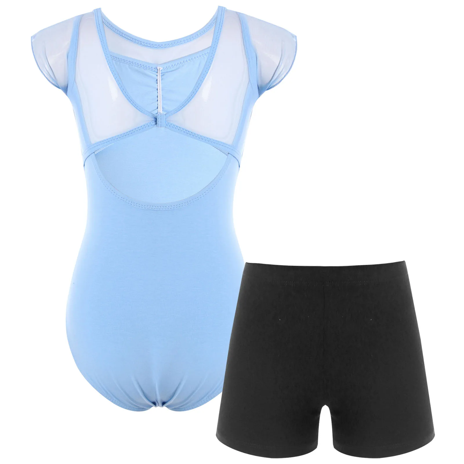 Niños Niñas gimnasia Ballet danza práctica traje de calentamiento recortado espalda malla transparente Patchwork Ballet Jersey leotardo con pantalones cortos