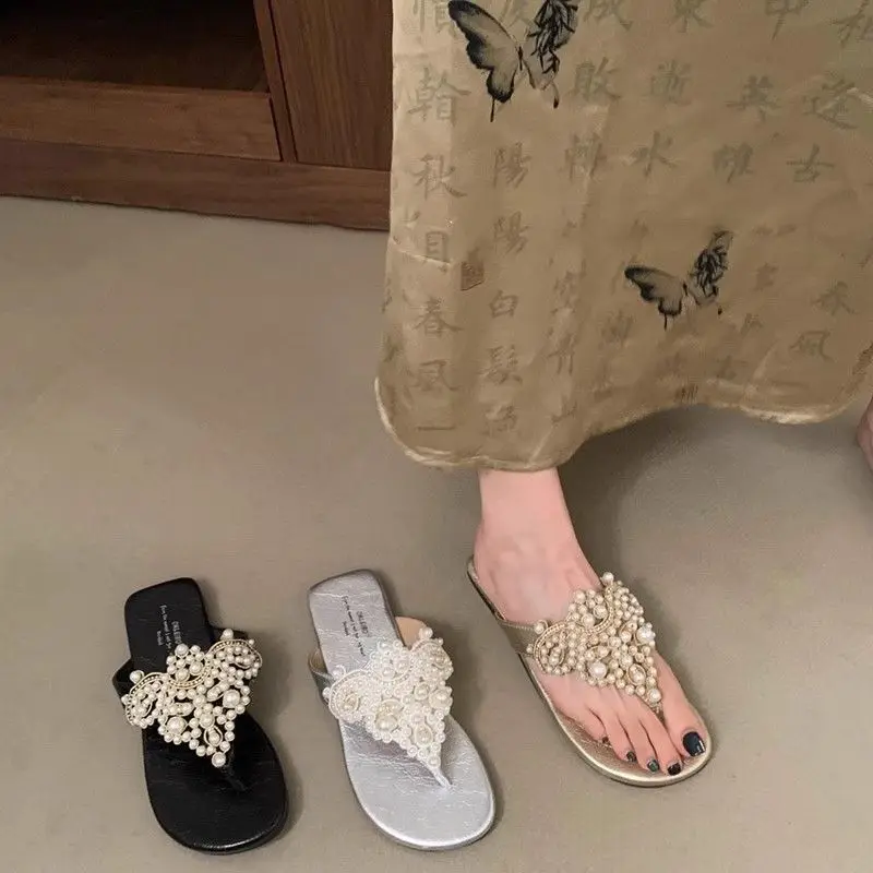 2024 New Summer Sweet Wind Beaded Design Double-toe Holiday Flip-flops Women's Shoes Elegant Fashion Casual Flat Sandals
