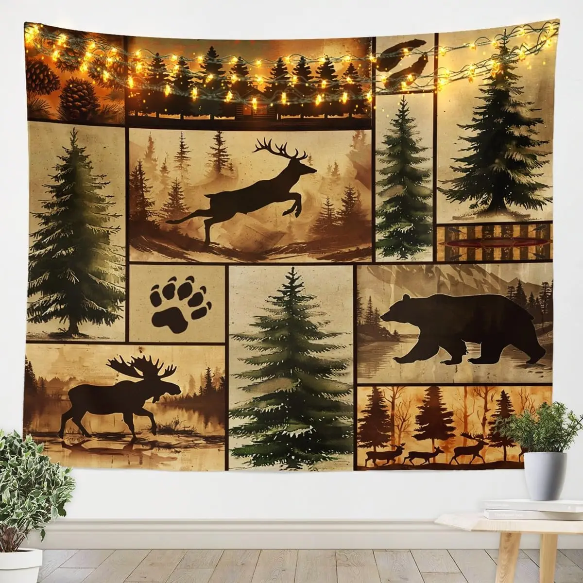 Rustic Forest Wildlife Tapestry Wall Hanging for Cabin Lodge Decor Deer Bear Nature Woodland Hunting Room Art Poster