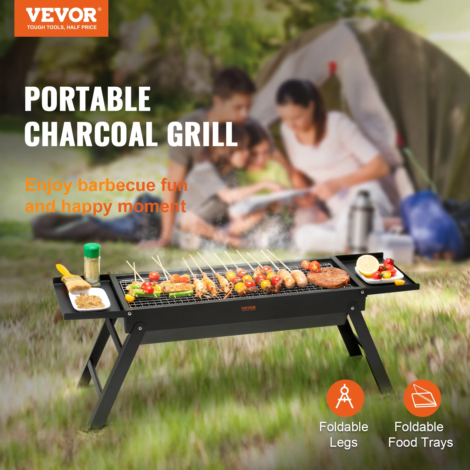 VEVOR 23in Portable Charcoal Grill Small Barbecue Grill Folding BBQ Grill Compact Foldable Grill Mini Smoker for Outdoor Cooking