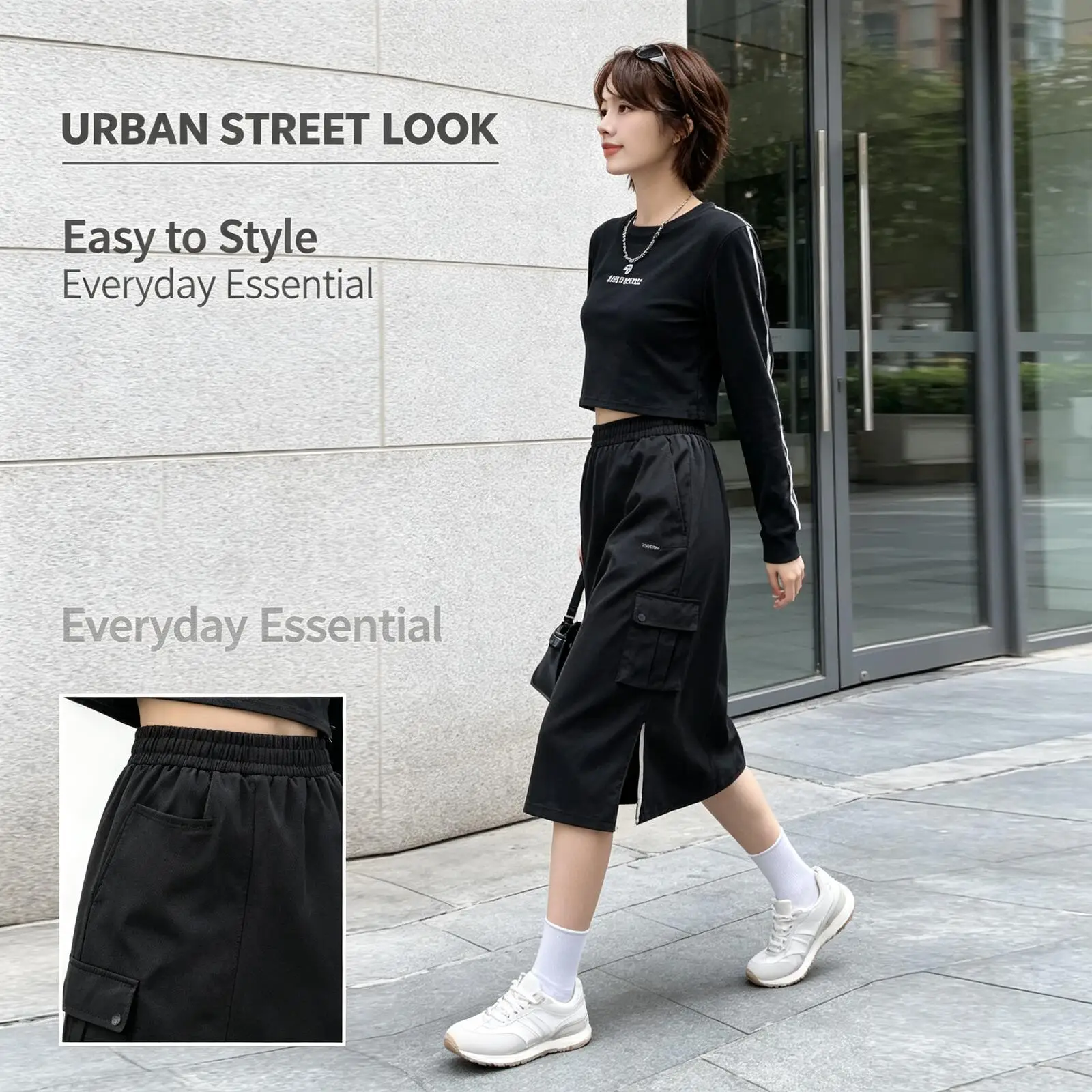 Adidas 2026 Hot Black High Waist Cargo Midi Skirt Women Straight Long Skirt with Pockets Side Slit Streetwear KS5348