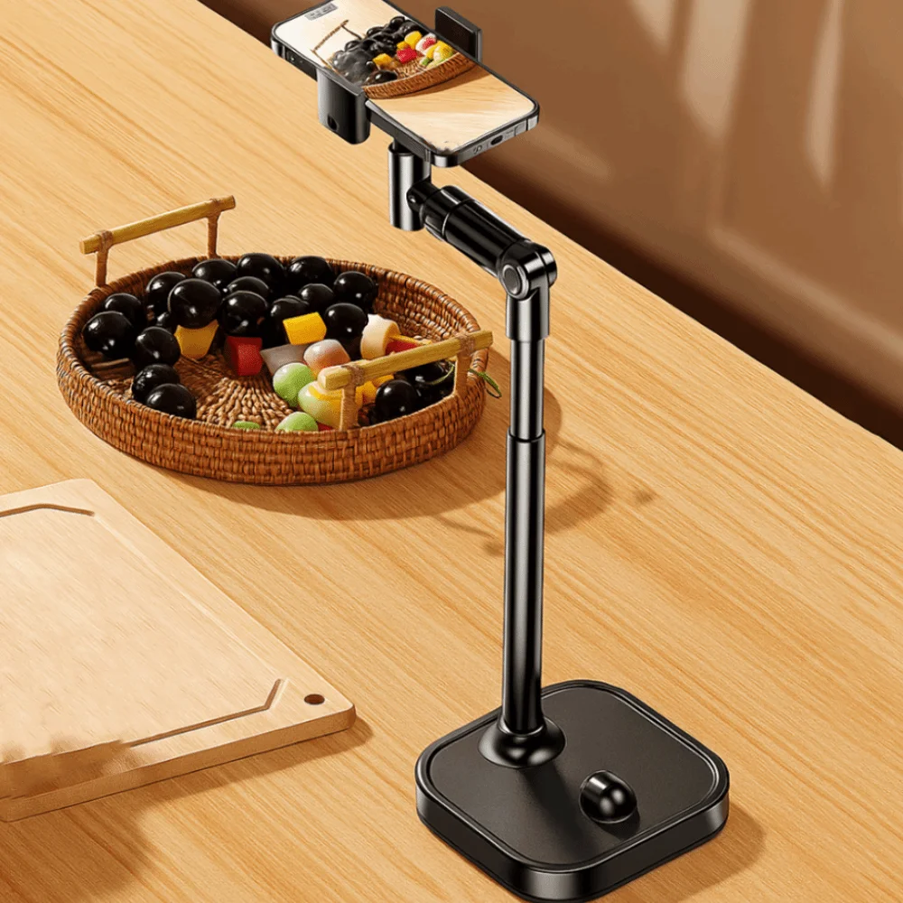 2 in 1 Telescopic Phone Stand Adjustable Height Stable Base Desktop Phone Holder Overhead 360° Rotate Mobile Phone Bracket