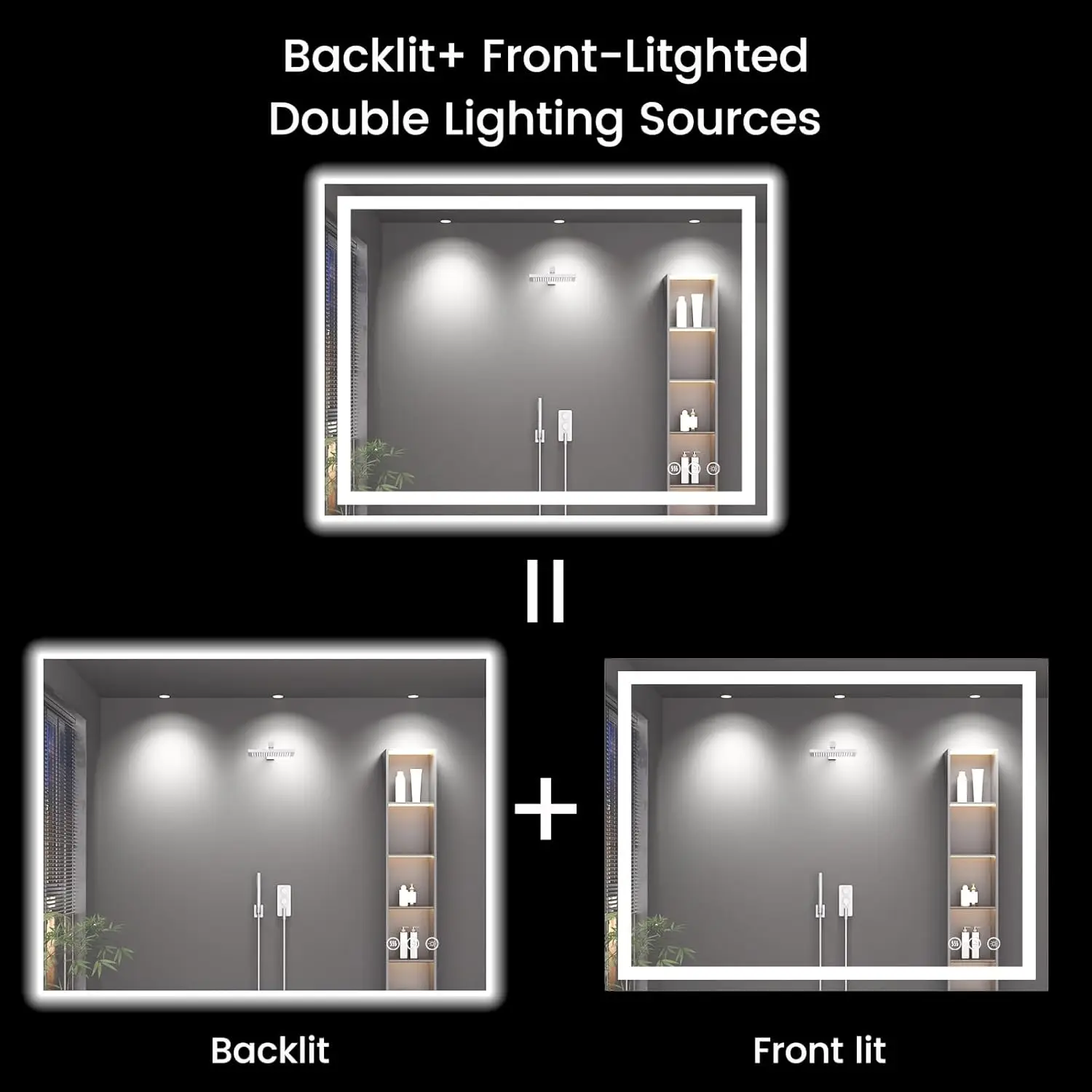 Specchio da bagno 40x30 LED con antiappannamento, luci dimmerabili, vetro infrangibile, funzione di memoria