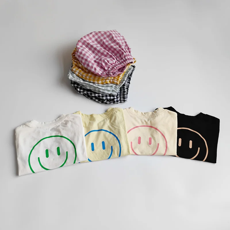 Summer Baby Clothes Suit Infant Girls Boys Cartoon T-shirt and Plaid Bloomer 2Pcs Korean Style Casual Toddler Outwear