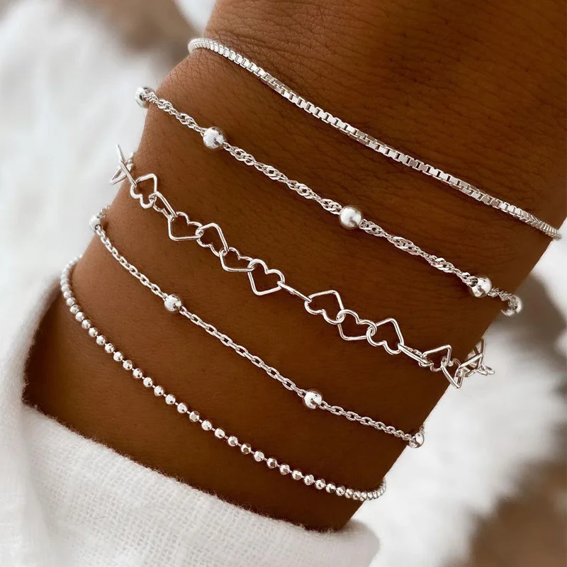 5pcs/Set Simple Style Thin Chain Bracelet Set Elegant Hand Love Hollow Beaded Chain Bracelet Chain Jewelry Decoration Daily Wear