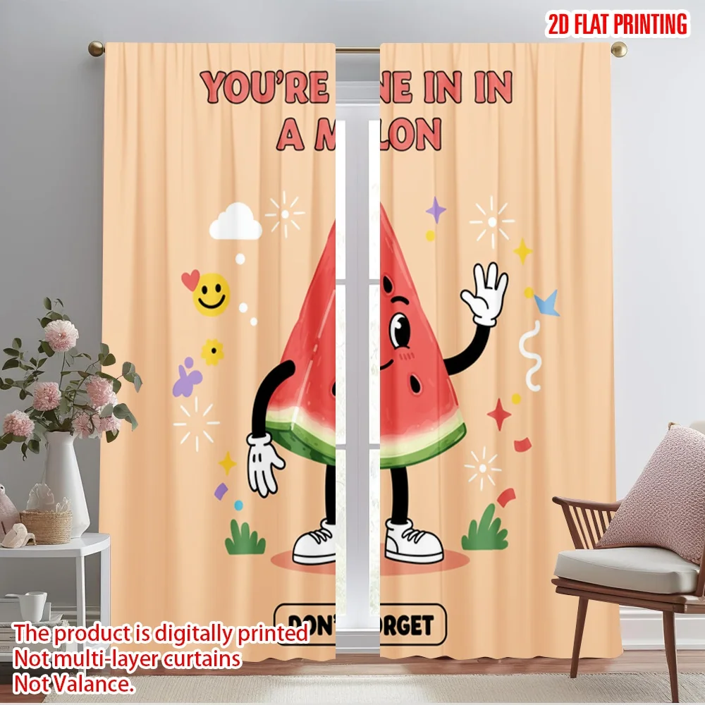 

2pcs 2D flat printing Scene Curtains Melon Cute Funny Character 100% Polyester Without Electricity Birthday Party for Bedroom