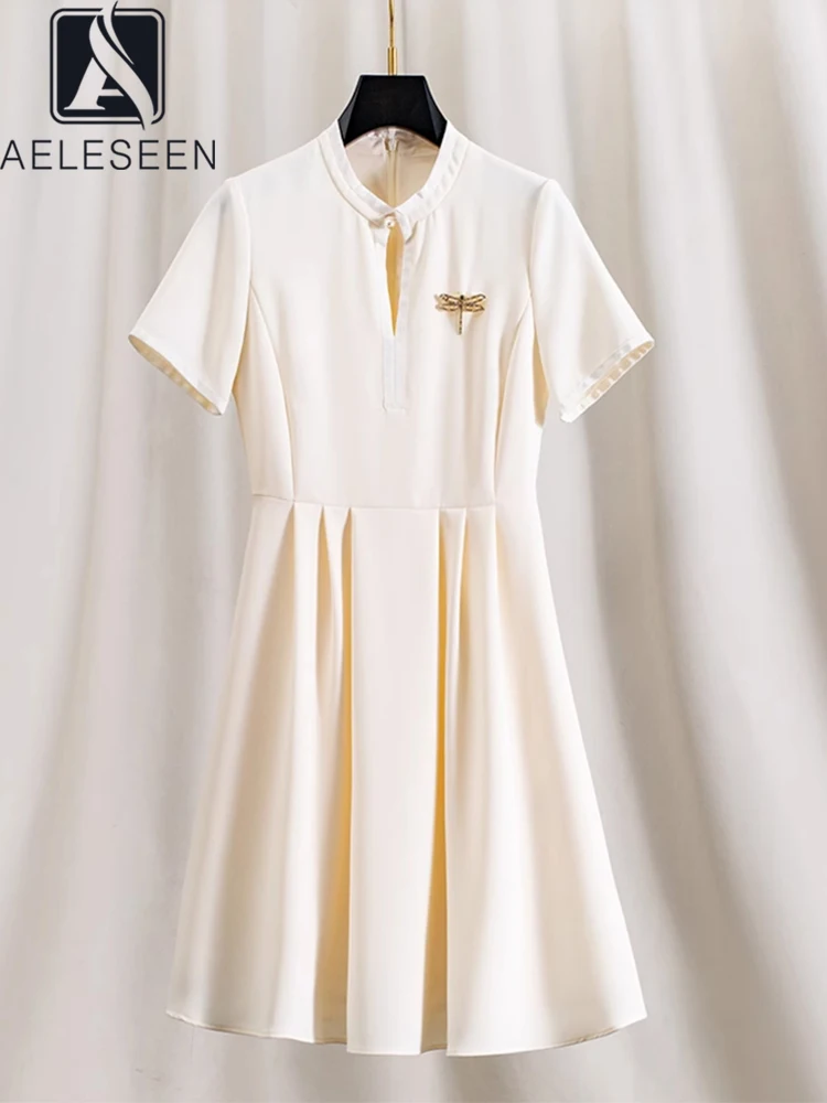 

AELESEEN Office Ladies Elegant Dress Designer Fashion Short Sleeve Beige V-Neck Dragonfly Brooch High Quality Mini Party